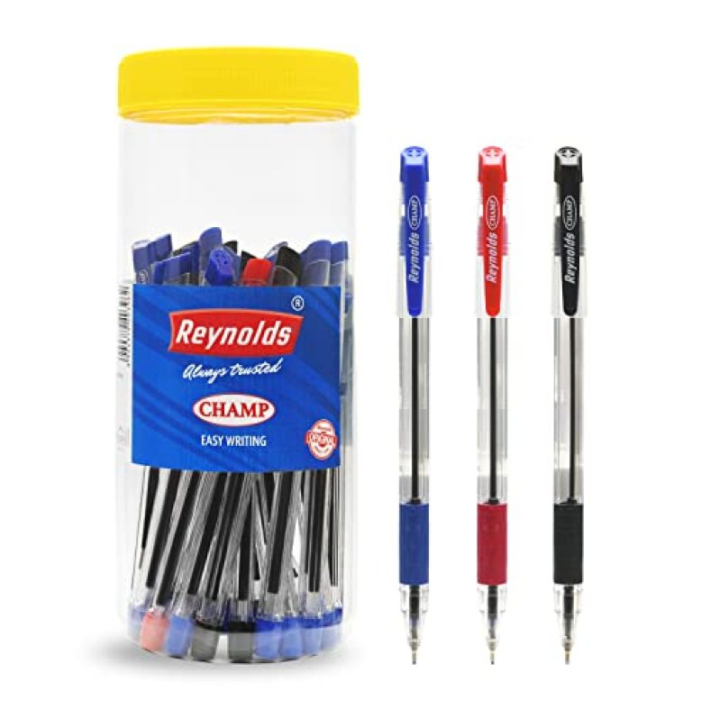 Reynolds Champ 25 Ct Jar (18 Ct Blue/ 4 Ct Black/ 3 Ct Red) I Lightweight Ball Pen With Comfortable Grip For Extra Smooth Writing I School And Office Stationery | 0.7Mm Tip Size