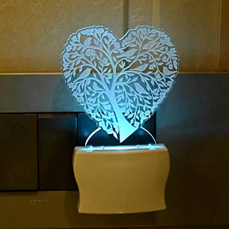 Somil™ 3D Illusion Tree In Shape Of Heart Led Night Lamp, Light With Socket, Three Colour Changing, Unbrekable, Red, Blue, Green