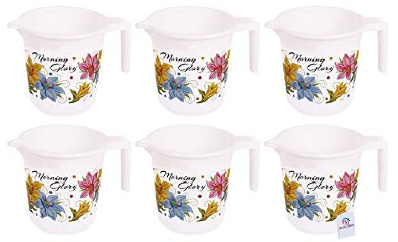 Heart Home Floral Print 6 Pieces Unbreakable Strong Plastic Bathroom Mug, 500 Ml (White)-Heart10278