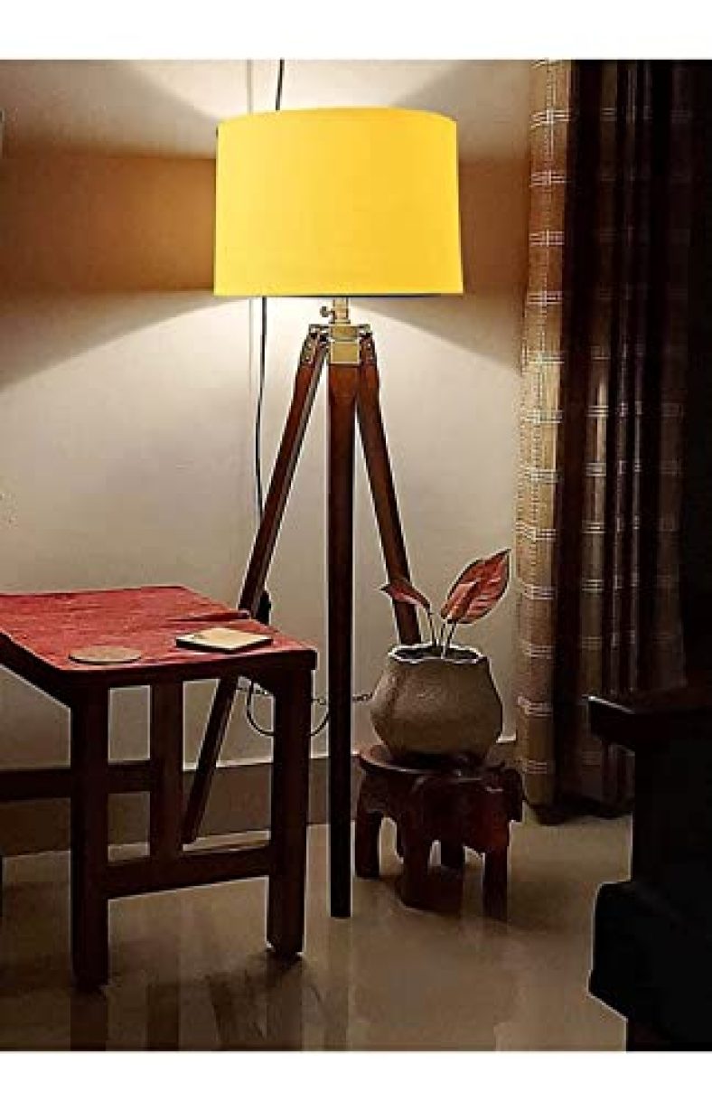 As Wooden Antique Tripod Table Lamp Stand With Shade Head For Home | Office With Adjustable Stand For Living Room Bedroom | Home Decoration Long Standing Tripod Light (Yellow)