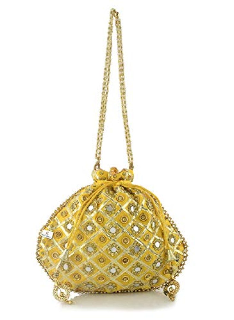 Kuber Industries Silk Traditional Mirror Work Clutch Potli Batwa Pouch Hand Bag For Bridal, Casual, Party, Wedding (Gold)-Kubmart11484, Standard