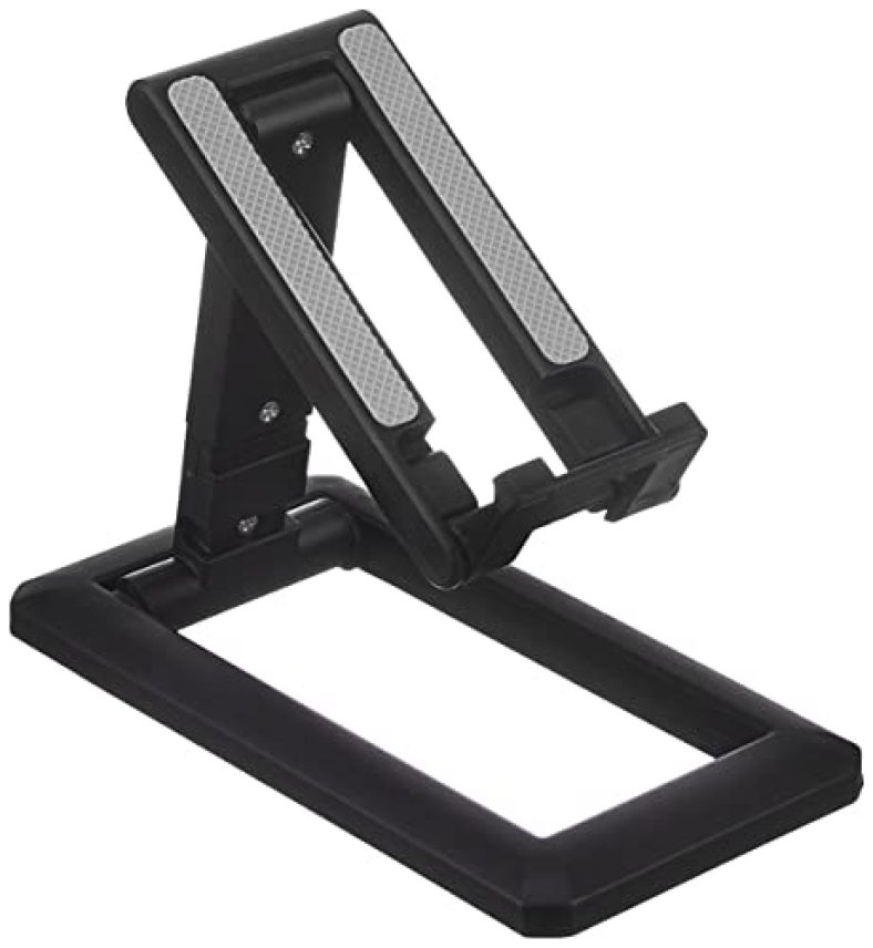 Amazon Brand – Solimo Height & Angle Adjustable Tabletop Desk Cellphone Holder For All Mobiles & Tablets, Universal Foldable Dock Stand (Black)