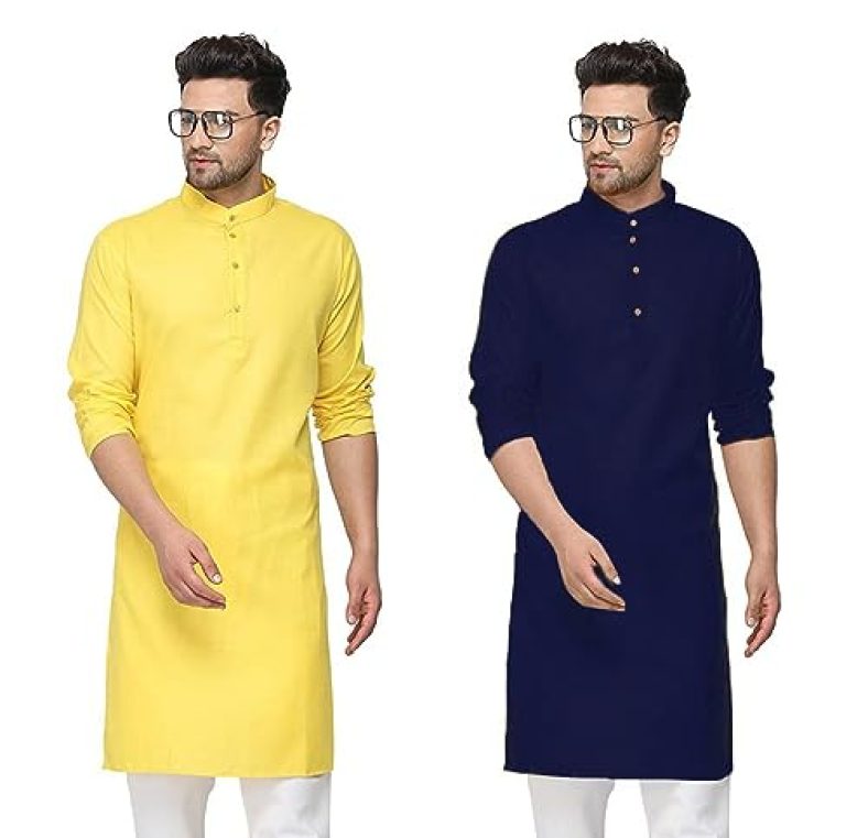 Fort Worth Cotton Traditional Men’S Kurta Shirt- Pack Of 2, Ethnic Indian Wear (Yellow:Navy, 40-L)