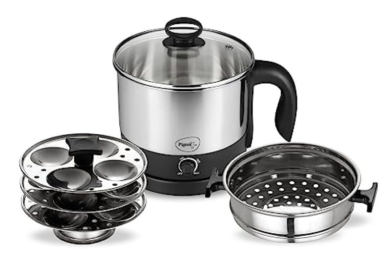 Pigeon By Stovekraft 1.5 Liters Multipurpose Kessel 3 In 1 Value Pack, Multi Cooker, Idli Stand With 3 Plates, Steamer With Stainless Steel Stand (Black & Silver)
