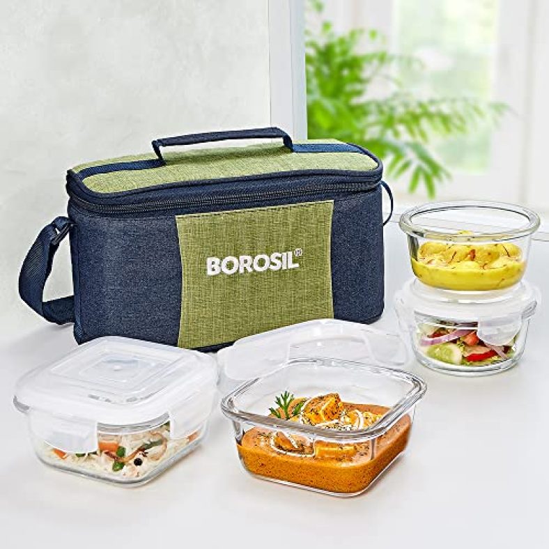 Borosil Ace Universal Borosilicate Glass Lunch Boxes Set Of 4 (320 Ml, 240 Ml) With Lunch Bag, Lunchboxes For Office & College, Microwave Safe, Leak Proof (Green)