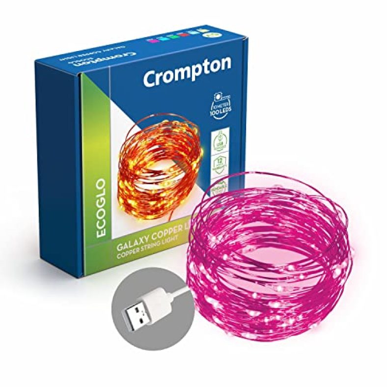 Crompton Galaxy Decoration Copper Usb Powered String Fairy Lights With 100 Led Light (10 Meters, Pink, Pack Of 1)