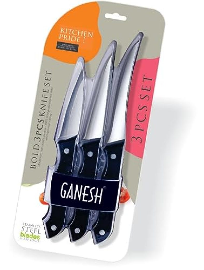 Ganesh Stainless Steel Kitchen Bold 3 Pcs Knife Vegetable Cutting And Chopping Knife, Serrated Edge