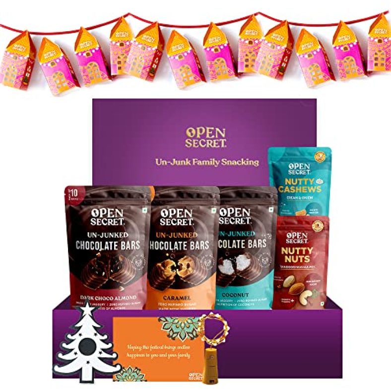 Open Secret Snacks Gifts Hamper Box| Nuts Combo – Cashew Kaju Almonds Badam, Dark Caramel Coconut Chocolate, Lights Lantern, Card, Candle, Gift Box | Healthy Snacks Combo