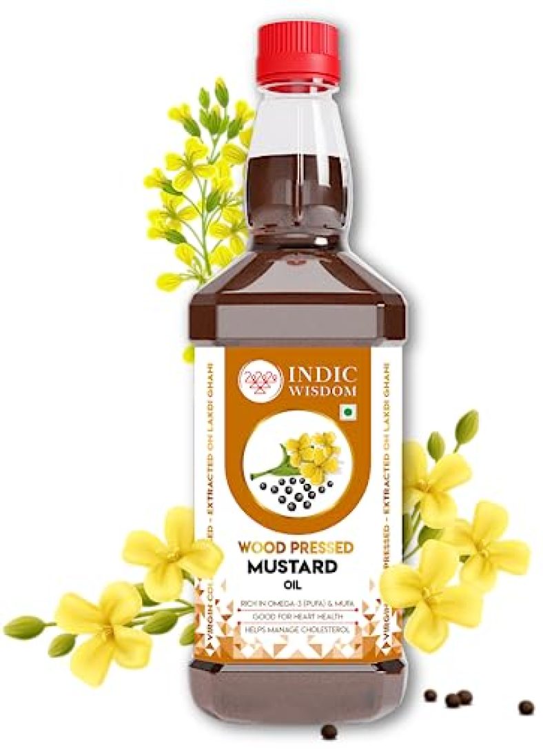 Indicwisdom Wood Pressed Mustard Oil 1 Liter (Cold Pressed – Extracted On Wooden Churner) | Kolhu/Kacchi Ghani / Chekku