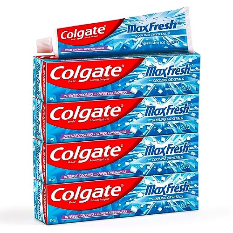 Colgate Maxfresh 600G (150G X 4, Pack Of 4) Breath Freshener Toothpaste, , Peppermint Ice, Blue Gel Paste With Menthol, Cooling Crystals Controls Bad Breath