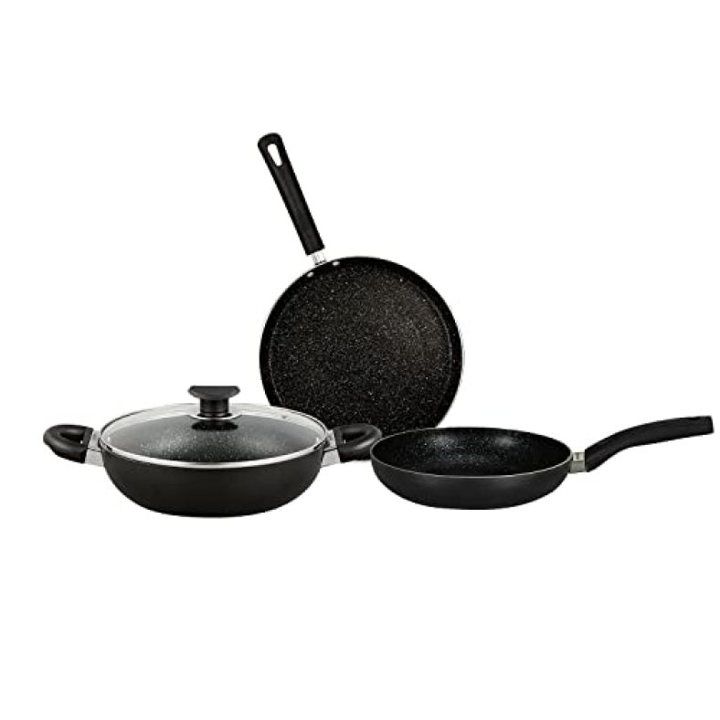 Bergner Essential Plus Non-Stick 4Pc-Cookware Set (Kadhai With Glass Lid 2.6 L, Dosa Tawa 28Cm, Fry Pan 24Cm) Induction Compatible, Bakelite Handles, Pfoa Free, Black
