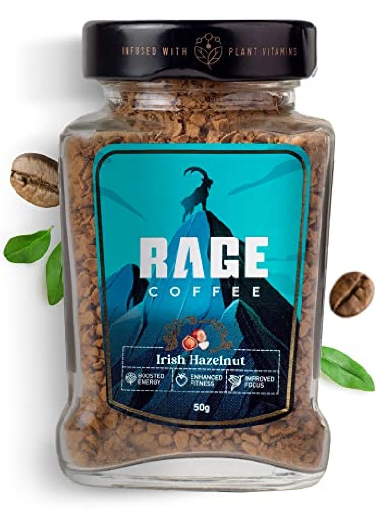 Rage Coffee Irish Hazelnut – Flavored Instant Coffee Powder For Both Hot & Cold Coffee, 100% Single Origin Arabica Coffee Beans Powder (Irish Hazelnut, 50G)