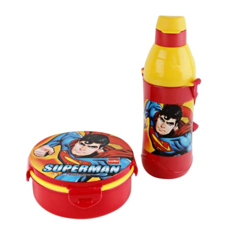 Cello Tiffy Gift Set Insulated Lunch Box 460Ml With & Plastic Water Bottle 400Ml, Red, Superman |Stainless Steel Inner Lunch Box And Bottle Gift Set For Kids