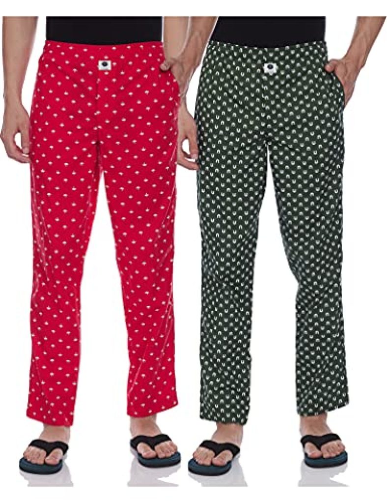Amazon Brand – Symbol Men’S Printed Regular Fit Pyjamas (Pack Of 2) Pajama Bottom (A2-Sympj-Tex-Po2-05_Red5&Green1_M)
