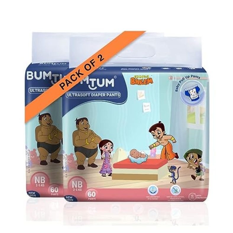 Bumtum Chota Bheem New Born Baby Diaper Pants, 120 Count, Leakage Protection Infused With Aloe Vera, Cottony Soft High Absorb Technology (Pack Of 2)