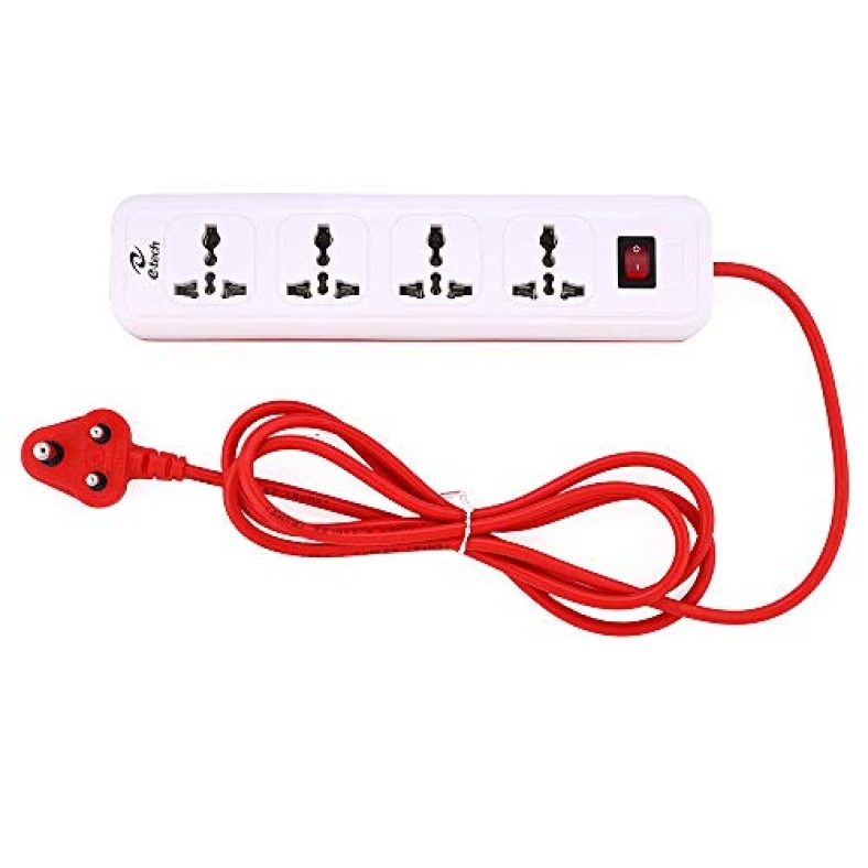E-Tech 4 Socket Power Strip With Surge Protector | Extension Cord | Extension Box Board | Spike Guard | Led Indicator – 1.5 M Long Cable (Red White)
