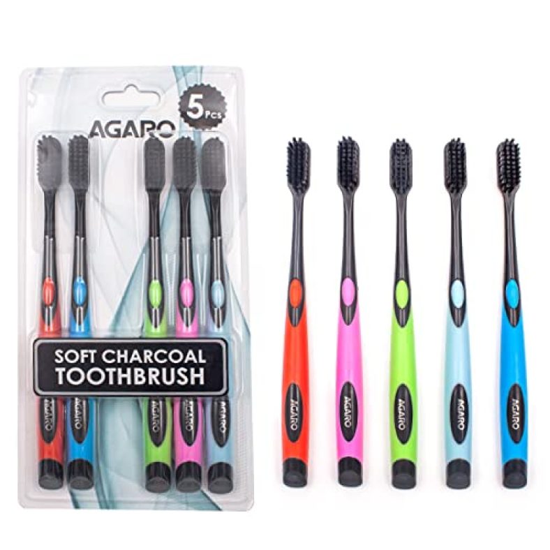 Agaro Charcoal Toothbrush, Gentle Soft, Teeth Whitening For Adults & Children, Medium Tip Bristles, Family Pack Of 5, Mix Colour