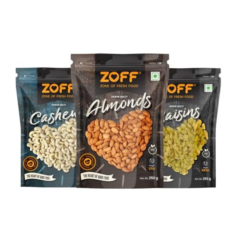 Zoff Premium Daily Needs Fresh And Healthy Mixed Dry Fruits Combo Of Almonds | Badam | Cashews| Kaju | Raisins| Kishmish | 250 G Each | Net Weight – 750G