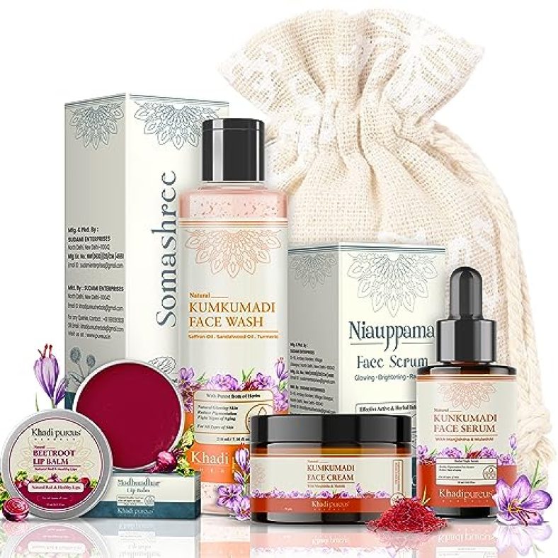 Khadi Pureus Herbals Kumkumadi Oil Face Serum, Kumkumadi Night Cream & Kumkumadi Face Wash + Beetroot Lip Balm For Natural Radiance & Healthy Lips | Kumkumadi Combo Kit Women & Men 300 Ml