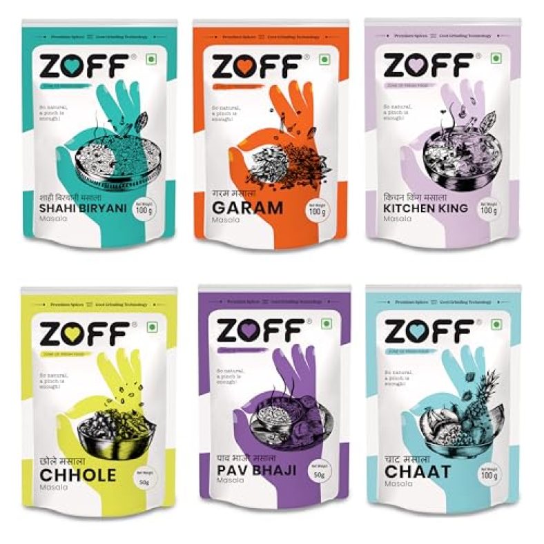 Zoff Blended Kitchen Spices – Pack Of 6 |Pack Contains – Shahi Biryani Masala 100 G , Garam Masala 100 G , Kitchen King Masala 100 G , Chhole Masala 50 G , Pavbhaji Masala 50 G , Chaat Masala 100 G . Tasty And Spicy | Add Excellent Test To Your Food | Net Weight 500G