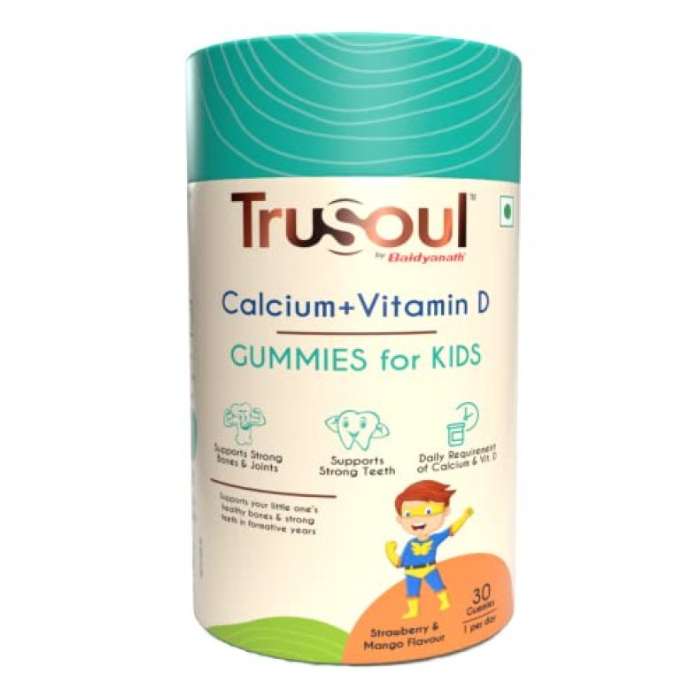 Trusoul By Baidyanath Calcium And Vitamin D Gummies For Kids | Strawberry & Mango Flavour | Curated For Children Ages 5 To 17 | 30 Gummies (1 Gummy Per Day)