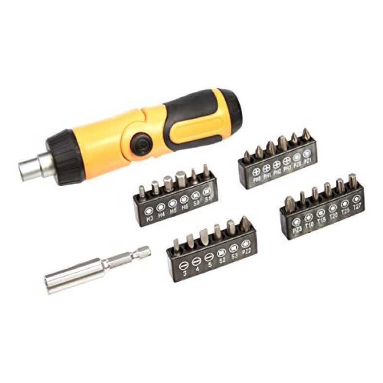 Amazon Basics Ratcheting Screwdriver And Bits Set – 26-Piece, 8 X 4.6 X 1.3 Inch