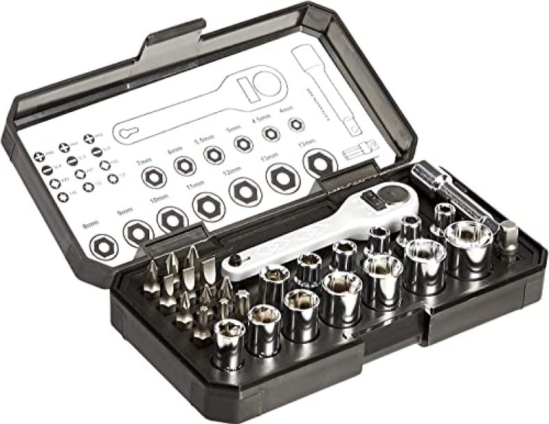 Amazon Basics Ratcheting Wrench And Bits Set – 28-Piece, Metric