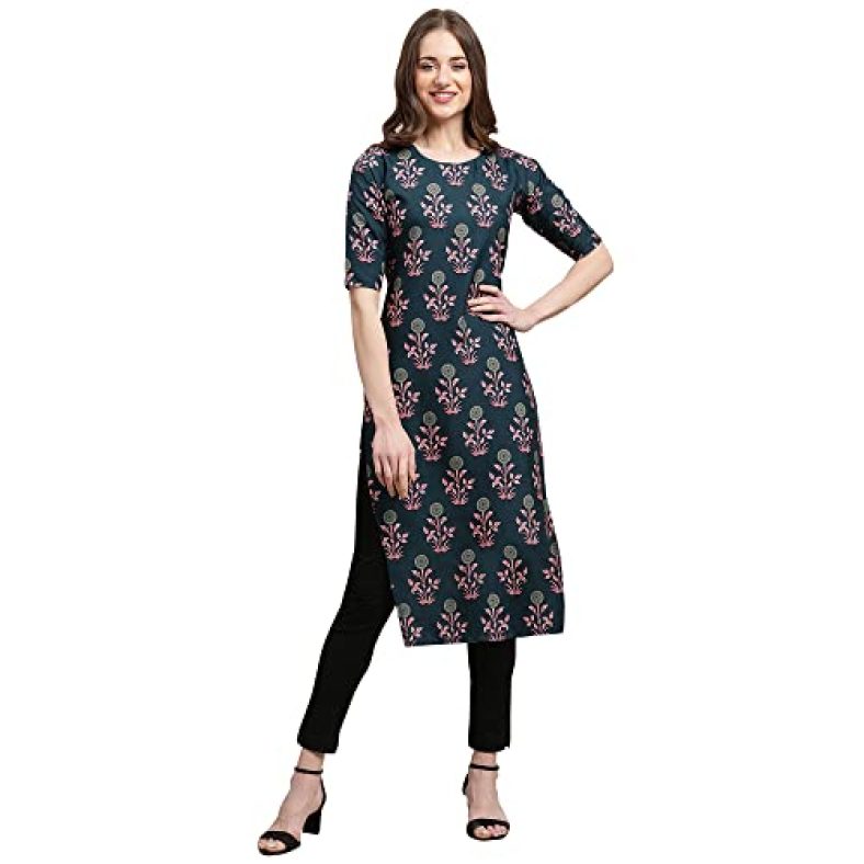 Pinkmint Women’S Crepe Teal Color Floral Printed Straight Kurti(Md-530335_L)