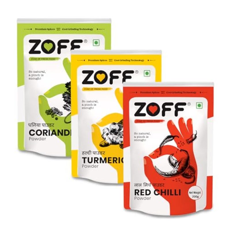 Zoff Red Chilli Powder, Turmeric Powder | Coriander Powder | Pack Of 3 | No Colors, Fresh | Pure Masala For Cooking, Healthy Delicious | Each 200 Gm | 600Gm