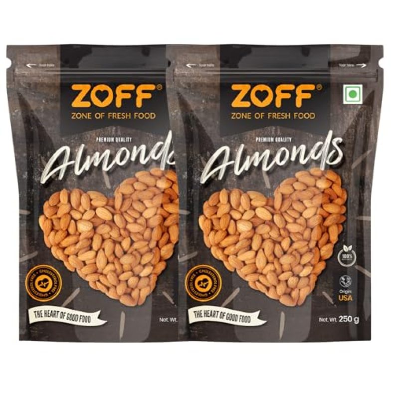 Zoff 100% Natural Premium California Dried Almonds | 2 Pack Pouch 250G Each | Premium Badam Giri | High In Fiber & Boost Immunity | Real Nuts | Gluten Free | 500G