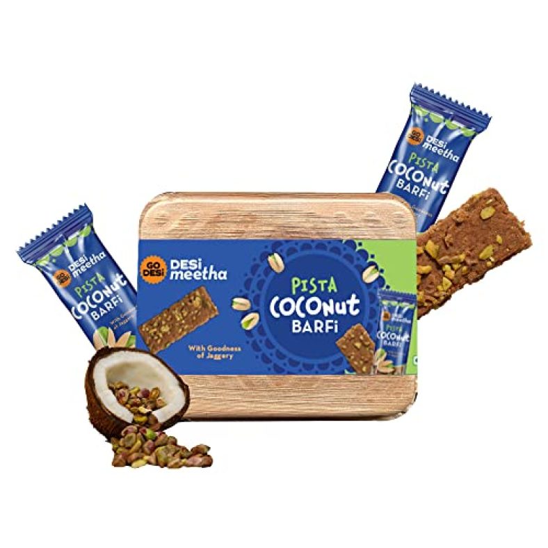 Go Desi – Desi Meetha Pista Coconut Barfi | 300 Grams | Indian Sweets Diwali Gift Pack | 25 Individually Wrapped Barfis | Dry Fruits Sweet | Pistachio Nuts Bar | Sweets Indian Mithai