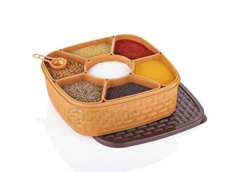 E-Cosmos Multi-Purpose Plastic 7 Sections Square Masala Storage Box Rangoli Dabba Box Set, Spice Box Set – Brown (Masala Box – 7 In 1)
