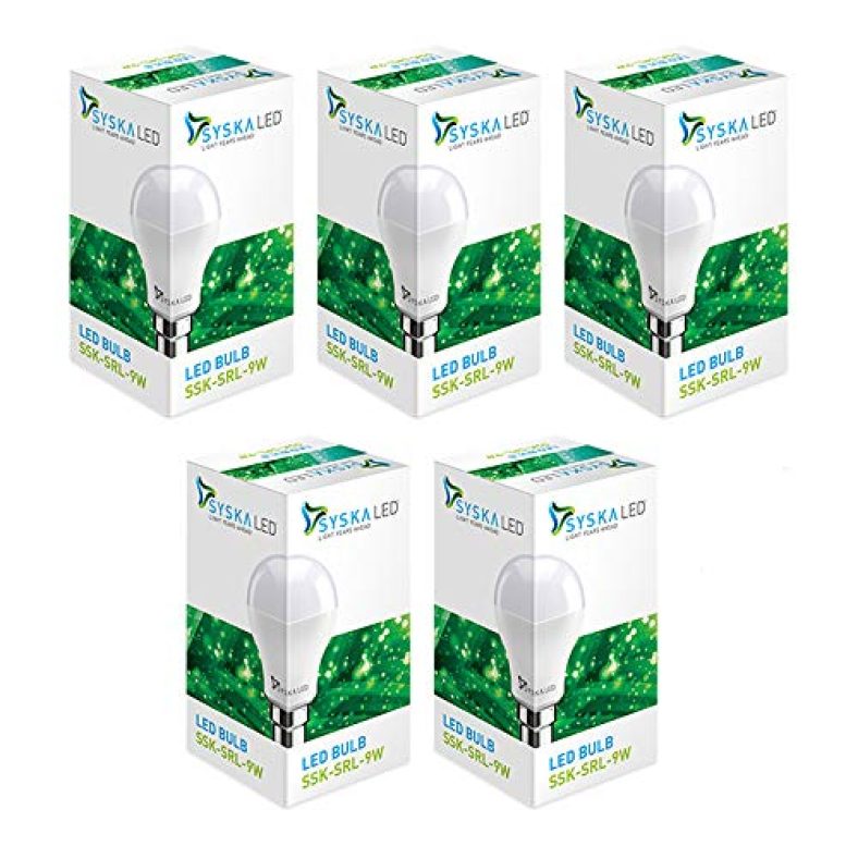 Syska Srl-9W Base B22 9 Wattage Led Bulb (Pack Of 5, Cool White)