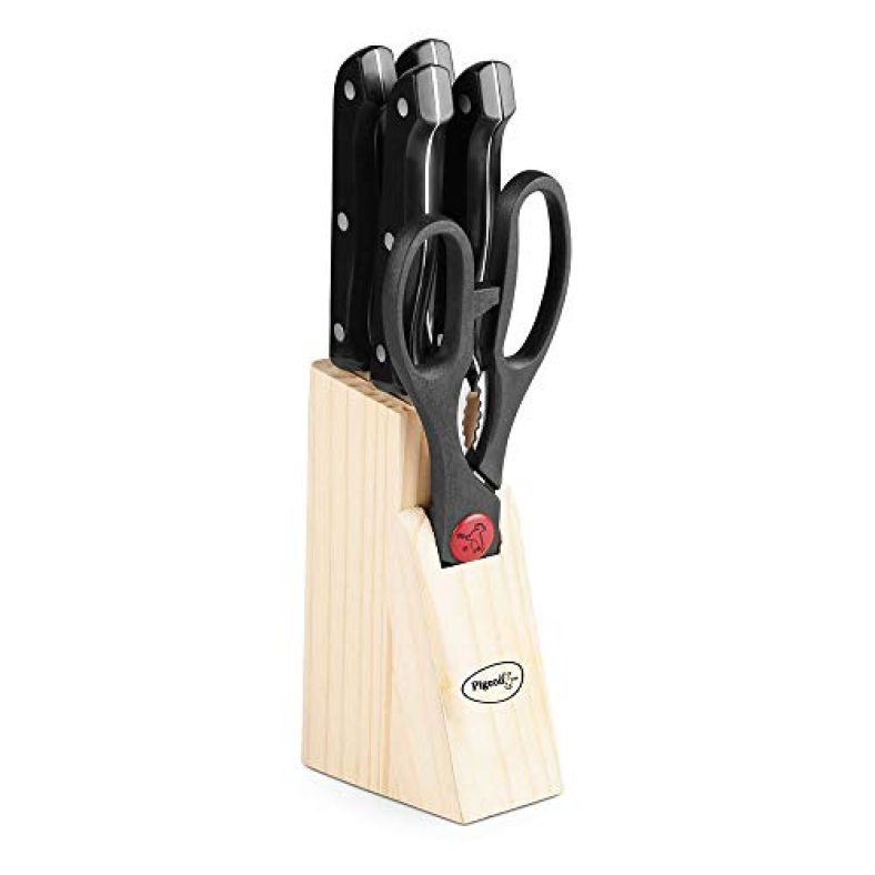 Angular Holder Pigeon By Stovekraft Shears Kitchen Knifes 6 Piece Set With Wooden Block (Stainless Steel)