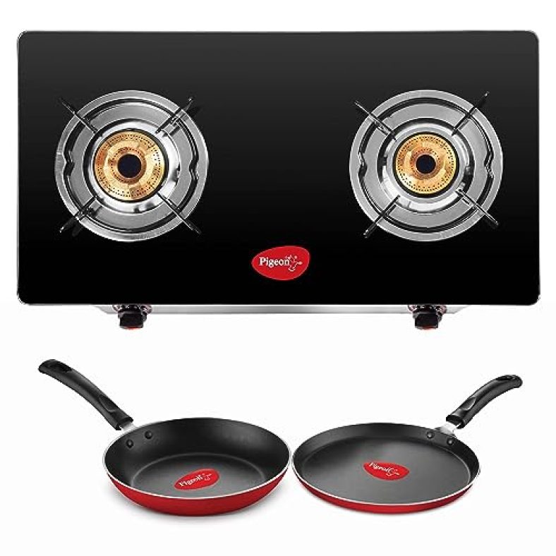 Pigeon By Stovekraft 2 Burner Glass Cook Top Gas Stove (Manual Ignition), Tawa With Stainless Steel Body And Nonstick Fry Pan Cookware Combo (Black, 240Mm, 250Mm, 14722)