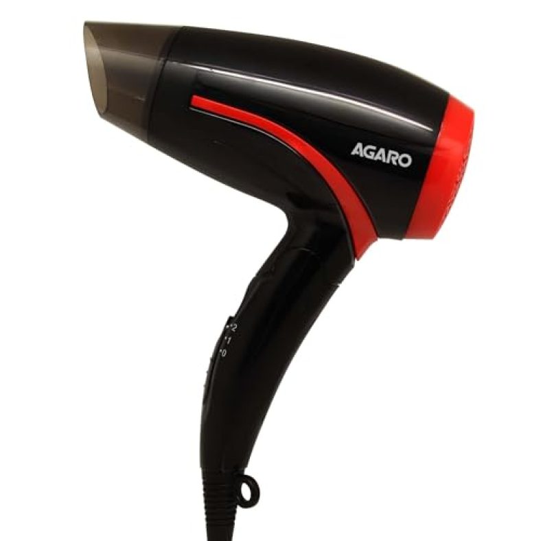 Agaro Hd1177 Hair Dryer With 1000 Watts Copper Motor, 2 Speed & Temperature Settings,Foldable Handle, For Both Men & Women, Black & Red