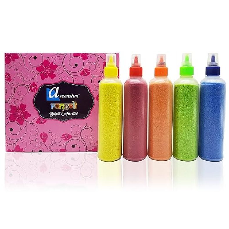 Ascension Rangoli Powder Colors Bottles 80 Gm Each Design Creativity Diwali Floor Rangoli Art Ceramic Colours Rangoli Color Powder Rang For Navratri Pongal Pooja Mandir (Set Of 5)