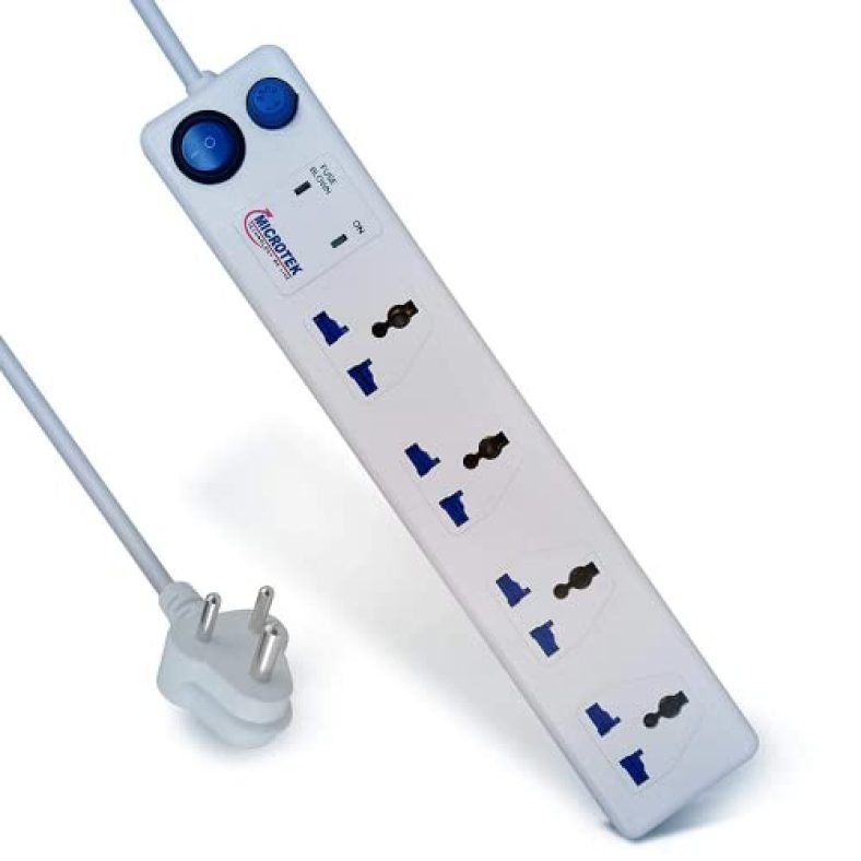 Microtek Plastic High Neck Spike Guard 1.5M Extension Cord, 4 Sockets, 6A, 1500W With 1 Switch (White)