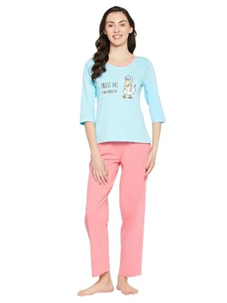 Clovia Women’S Cotton Quirky Quote Print Top & Jogger Set (Ls0581P03_Blue_M)