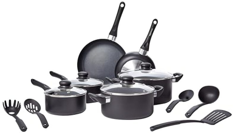 Amazon Basics Aluminium Non-Stick Black Cookware Set – 15 Piece