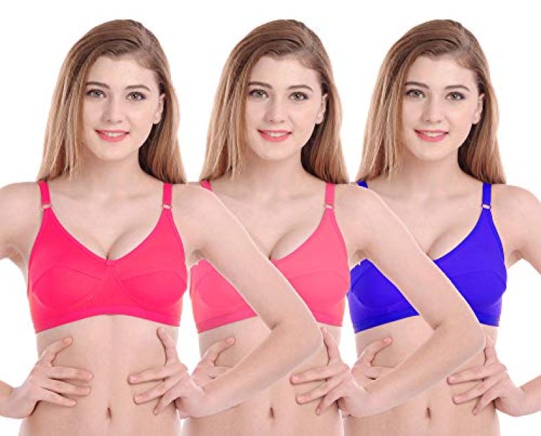 Women Cotton T-Shirt Non Padded Non-Wired Bra (Pack Of 3) (Color : D Pink,L Pink,Blue) (Size : 34)