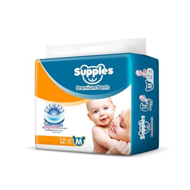 Supples Premium Diapers, Medium (M), 72 Count, 7-12 Kg, 12 Hrs Absorption Baby Diaper Pants