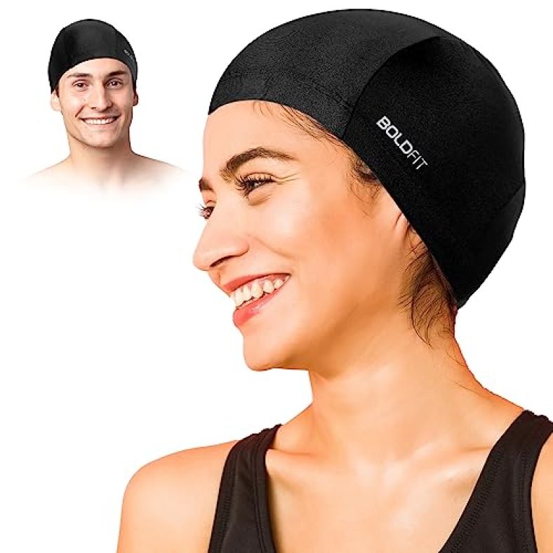 Boldfit Swimming Cap For Men Spandex Fabric Swimming Caps For Women Unisex Swim Cap For Boys, Girls And Kids Swimming Cap For Women Long Hair Swimming Head Cap Men Breathable Fabric, Easy Fit – Black