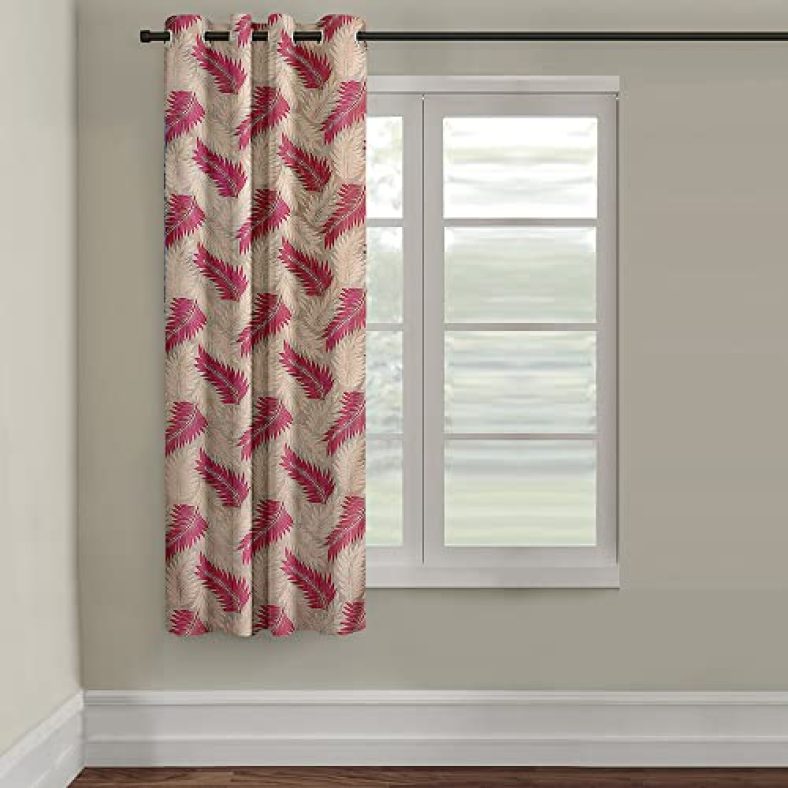Cortina 1 Piece Leaf Design Panel Eyelet Polyester Window Curtain – 5-Feet, Pink