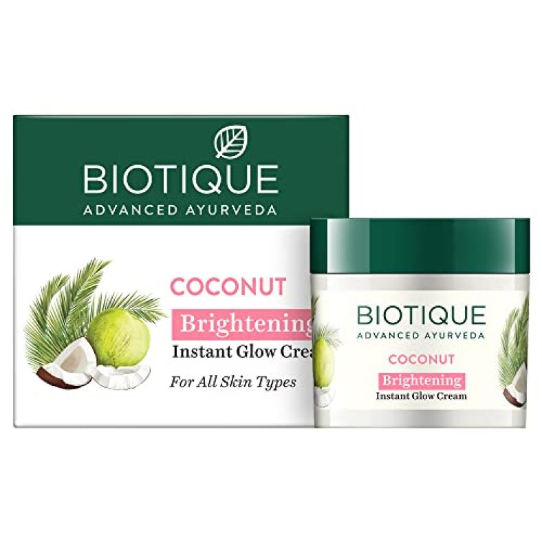 Biotique Coconut Brightening Instant Glow Cream| Lightweight And Non-Greasy | Reduces Dark Spots And Protects Ageing | Nourished And Moisturized Skin |100% Botanical Extracts| All Skin Types | 50Gm