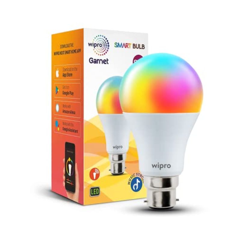 Wipro 9W B22D Wifi Led Smart Bulb With Music Sync Function, Compatible With Amazon Alexa And Google Assistant (16M Colours, Warm White/Neutral White/White + Dimmable) Pack Of 1