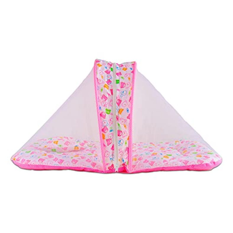 Babypro Bedding Set For Newborns With Extra Thick And Ultra Soft Mattress, Breathable Mosquito Net With Zip Closure, Skin Friendly Fabric & Free Neck Pillow For Baby Safety (0-12 Months, Pink)