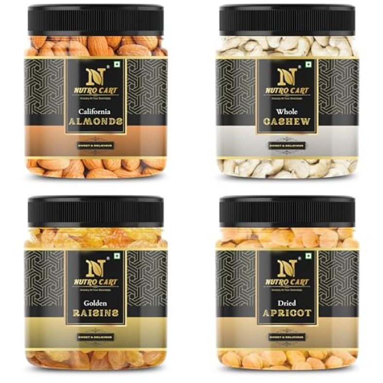 Nutro Cart Dry Fruits Combo Pack Of Almonds, Cashews, Raisin, Apricot (Jar Pack) (100G * 4) 400G, Hampers For Employees, Dry Fruits Gift Pack And Dry Fruits For Family.