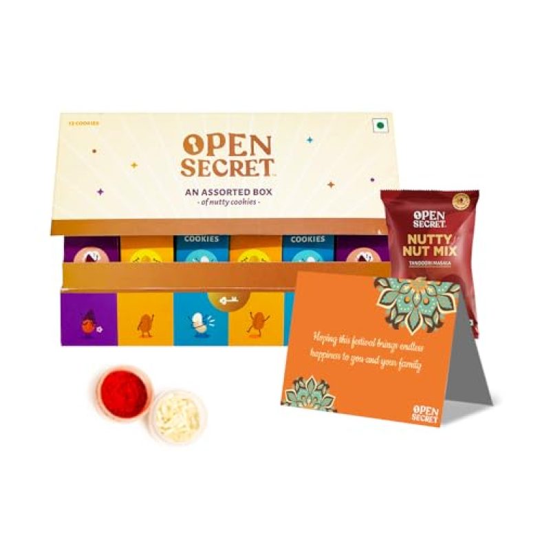 Open Secret Bhaidooj Gift Hamper For Brother I 5 Item Gift Combo – Cookies Biscuits, Tandoori Masala Nuts Mix (23G), Roli Chawal, Bhai Dooj Threads(X2), Festive Card I Tikka Set For Brother Sister | Healthy Gift Hamper