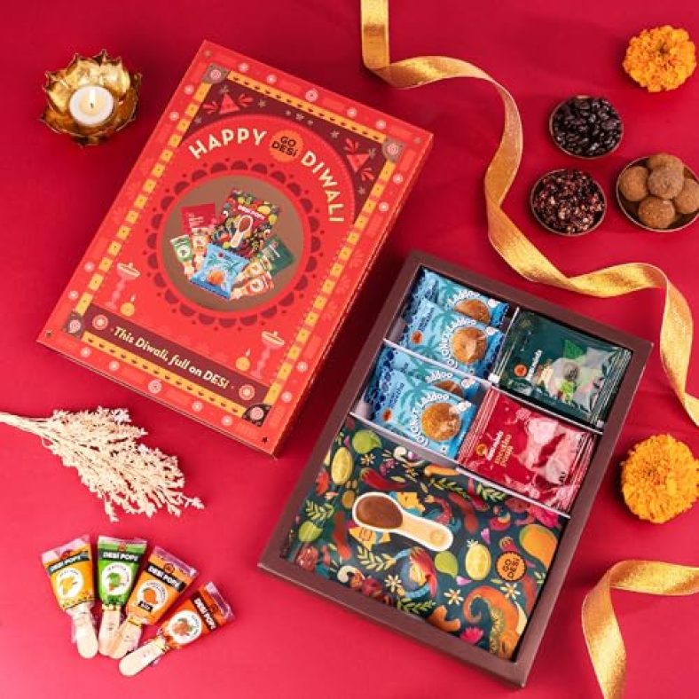 Go Desi Indian Sweets Diwali Gift Pack Hamper Box | Assorted Gift Hamper | Desi Popz | Coconut Laddoos | Meetha Paan | Choco Meetha Paan